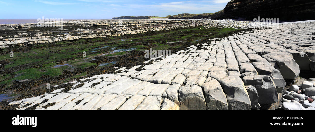 Estate, sentiero costiero e il robusto litorale a Bridgwater Bay, Somerset, Inghilterra. Foto Stock