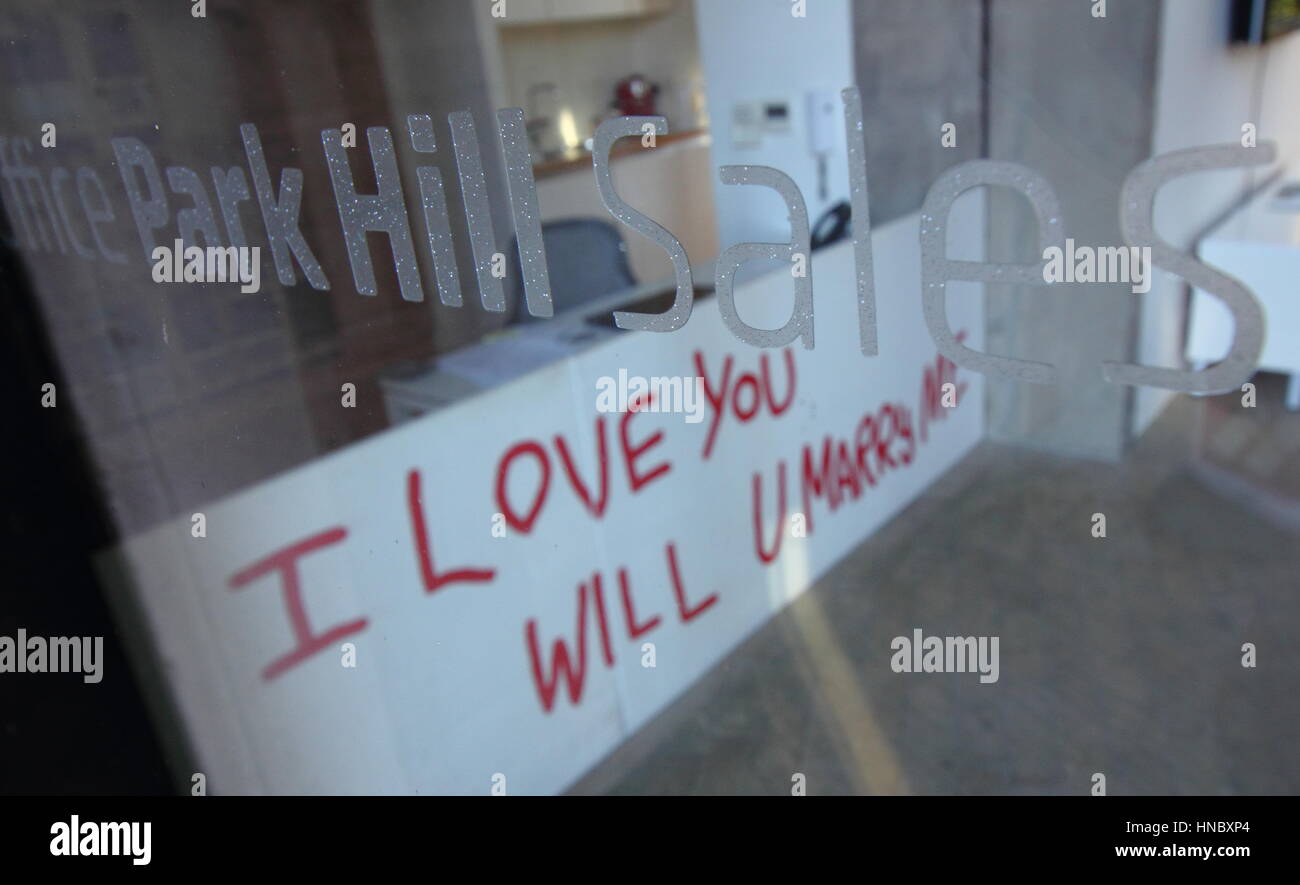 Vista in ufficio vendite al Park Hill appartamenti, Sheffield con "ti amo sarà u marry me' graffiti ispirato reception Foto Stock