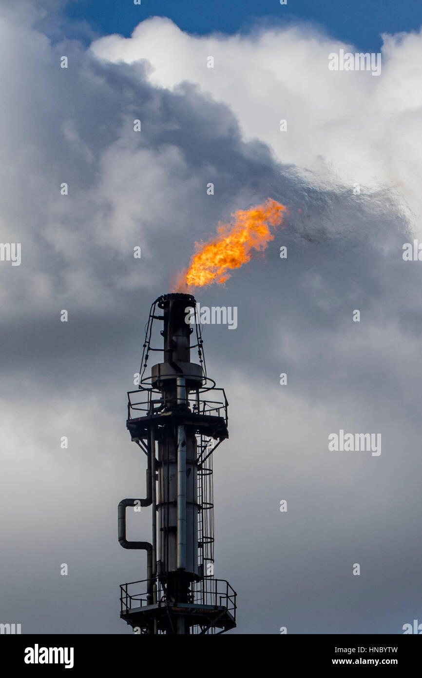 Raffineria di petrolio della fiamma del camino Foto stock - Alamy