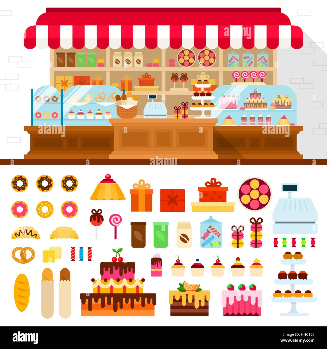 Vettore di panetteria illustrazioni piana. Negozio con diversi prodotti di pasticceria. Molte caramelle, torte buscuits e altre cose dolci isolato sul retro bianco Illustrazione Vettoriale