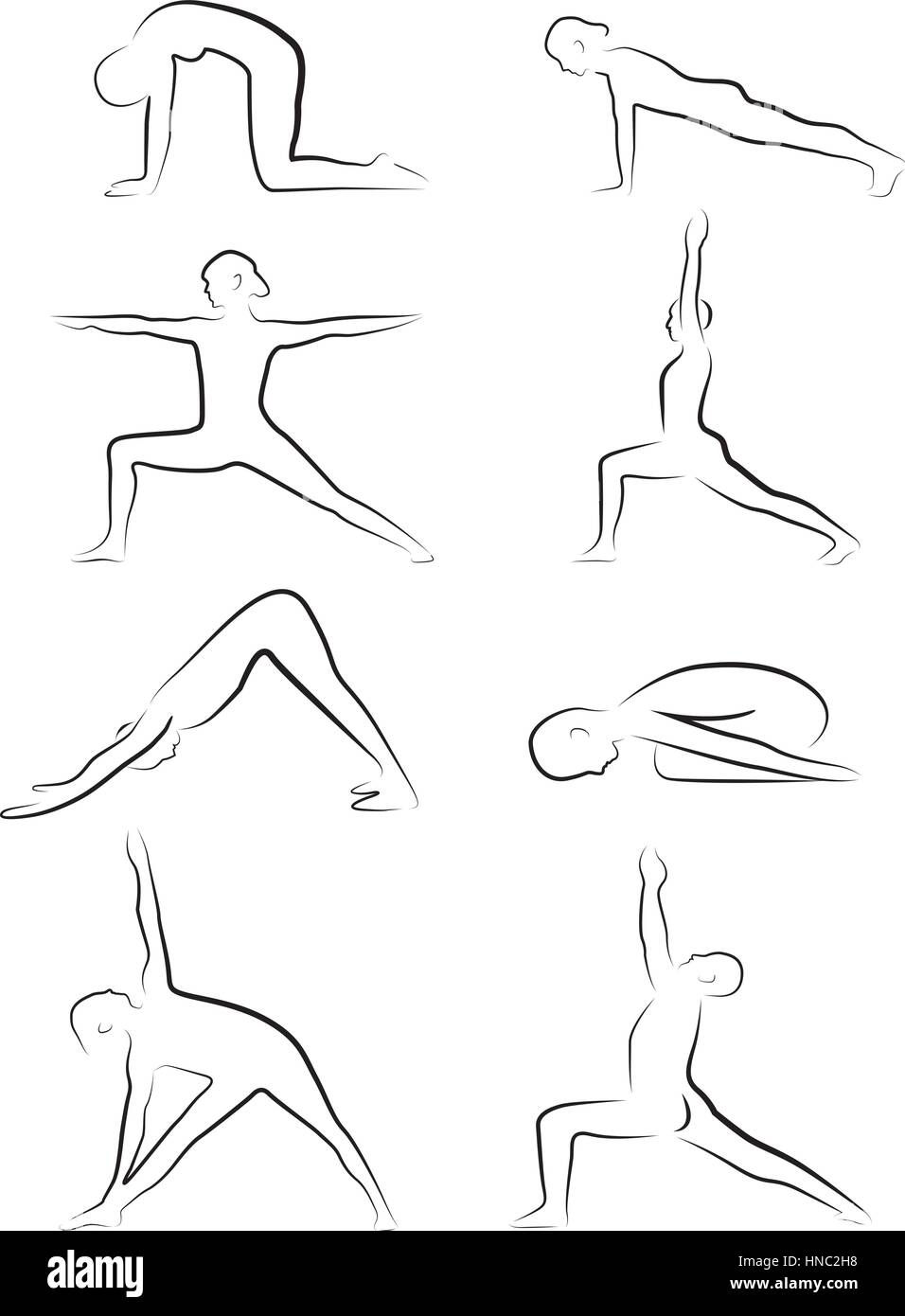 Icona stilizzata insieme di yoga pone (Cat, Plank, Guerriero I, Guerriero II, alta affondo, Cane con la testa in giù, bambini e Triangolo esteso pone) Illustrazione Vettoriale