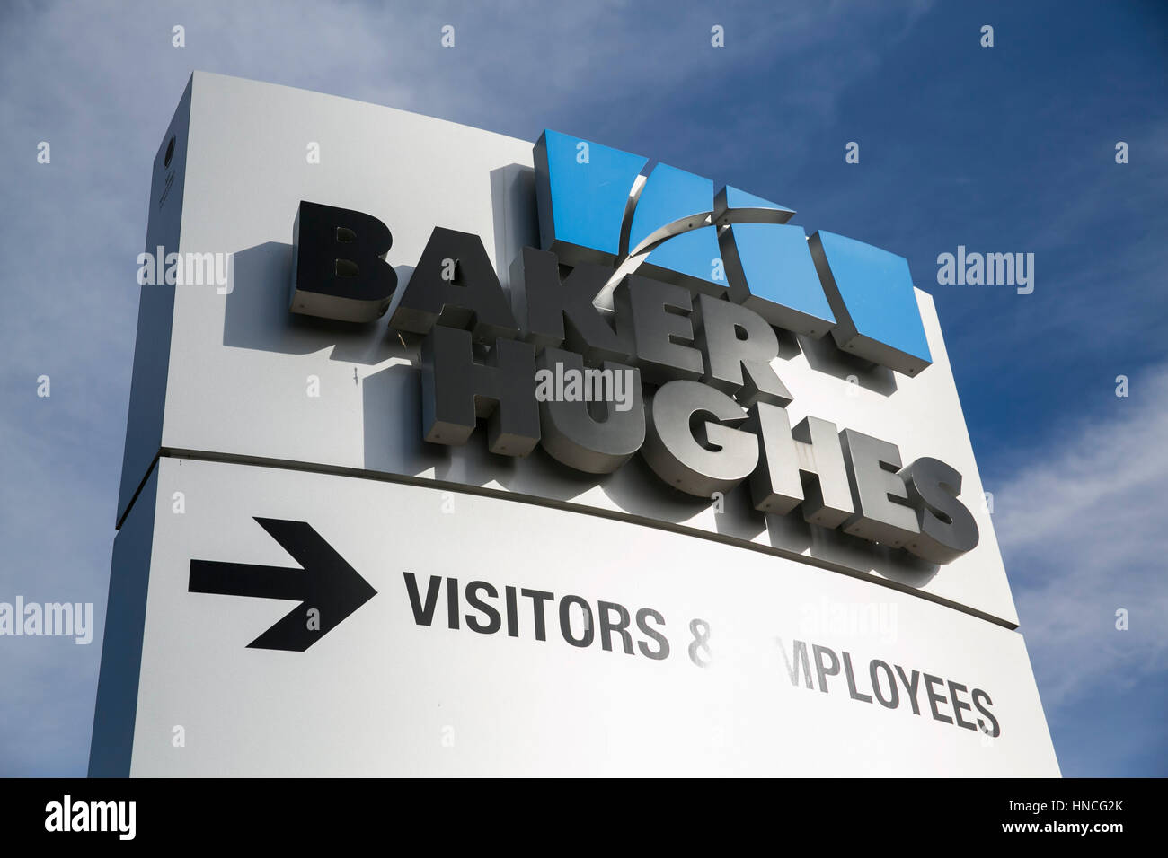 Un segno del logo al di fuori di una struttura occupata da Baker Hughes in San Antonio, Texas, il 29 gennaio 2017. Foto Stock