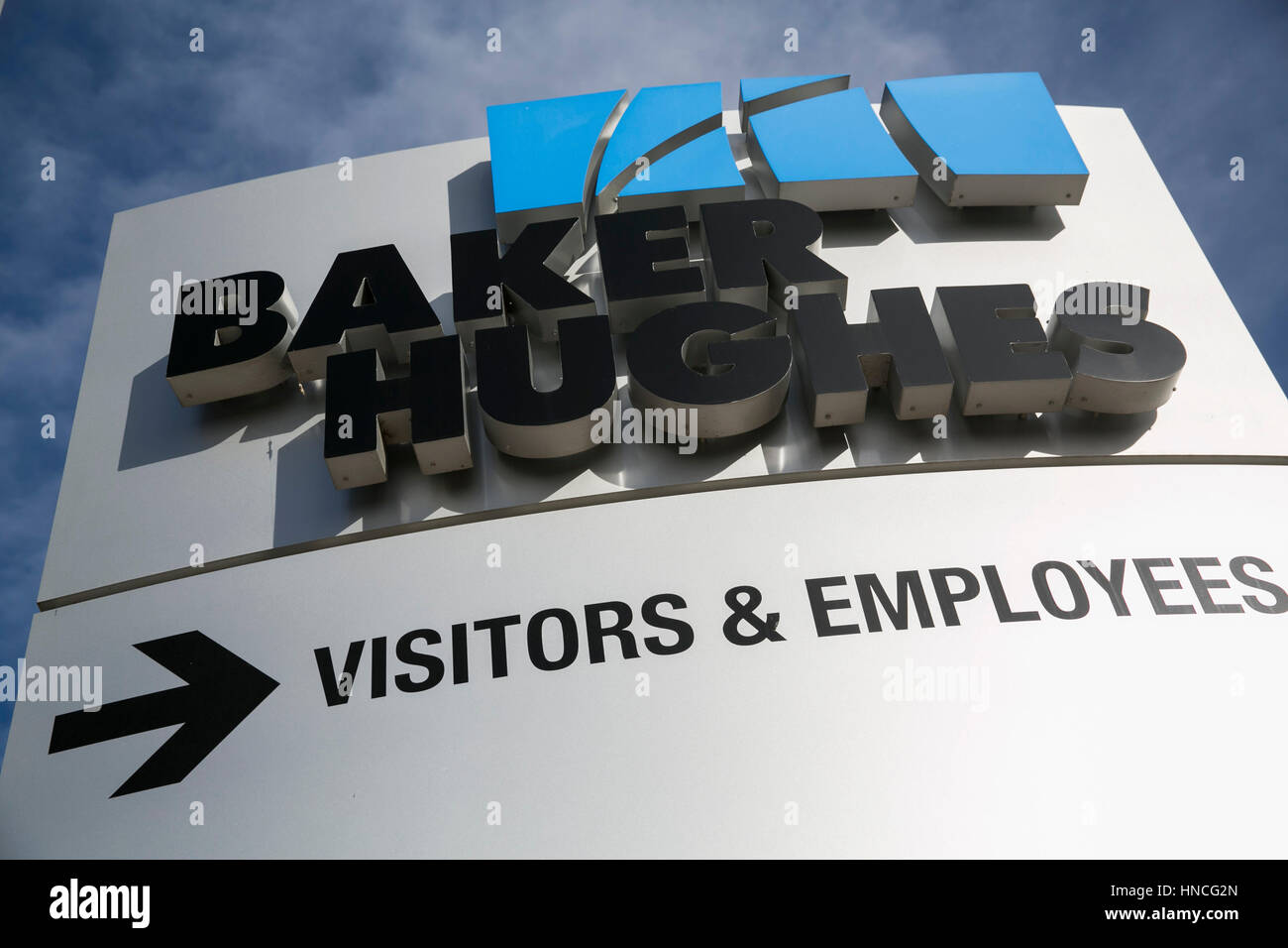 Un segno del logo al di fuori di una struttura occupata da Baker Hughes in San Antonio, Texas, il 29 gennaio 2017. Foto Stock