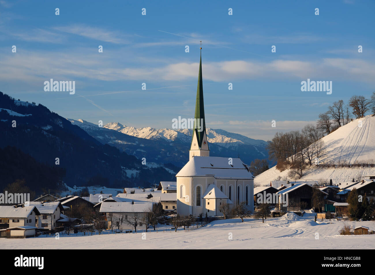 Wiesing in inverno, Inntal, Tirolo, Austria Foto Stock