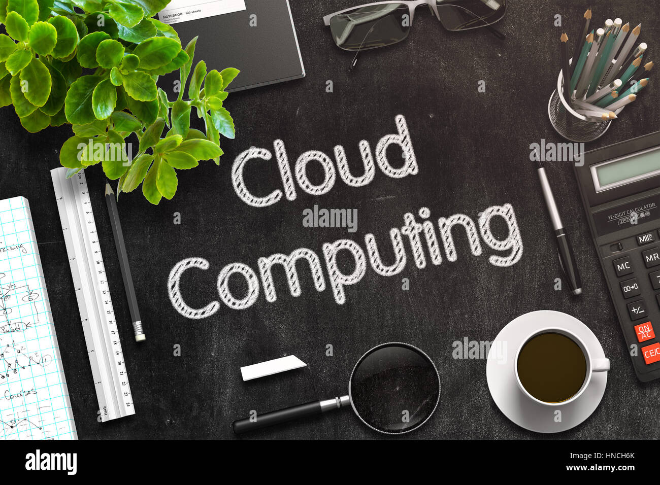 Il Cloud Computing sulla lavagna. Il rendering 3D. Foto Stock