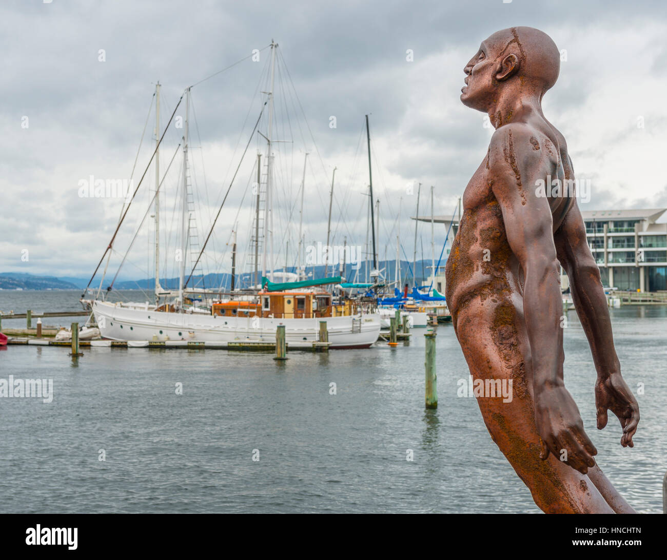 Statua, conforto del vento, Porto di Wellington, Isola del nord, Nuova Zelanda Foto Stock