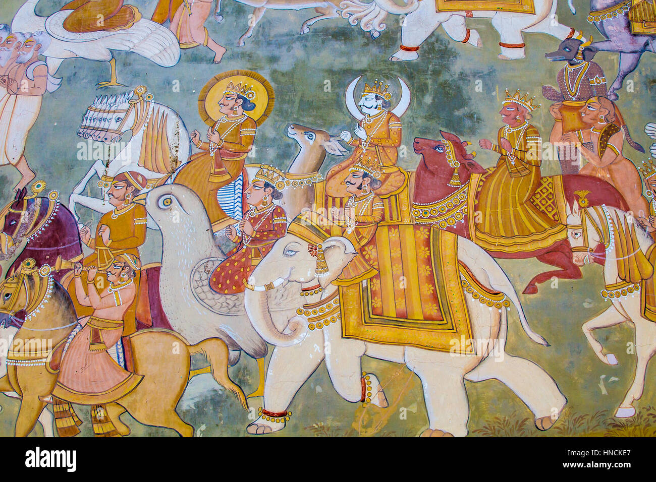 Un affresco al di fuori del Forte Mehrangarh raffiguranti divinità dalla mitologia indù. Foto Stock