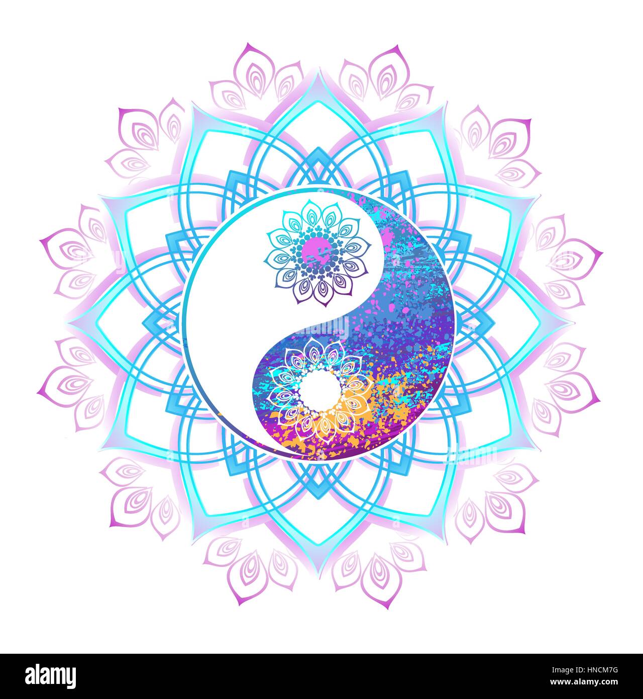Yin Yang simbolo dipinto brillante tinta pastello un mandala su uno sfondo bianco. Yin Yang simbolo. Orientaleggiante. Stile Boho. Illustrazione Vettoriale