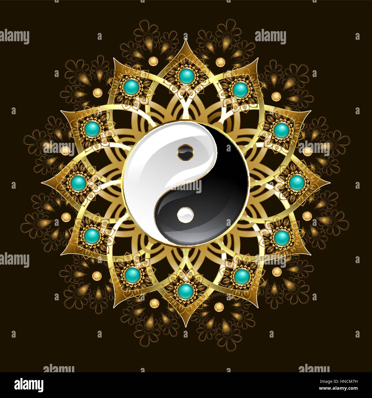 Gioielli in oro con yin yang mandala, decorata con turchese su uno sfondo nero. Gioielli di Design. Orientaleggiante. Stile Boho. Illustrazione Vettoriale