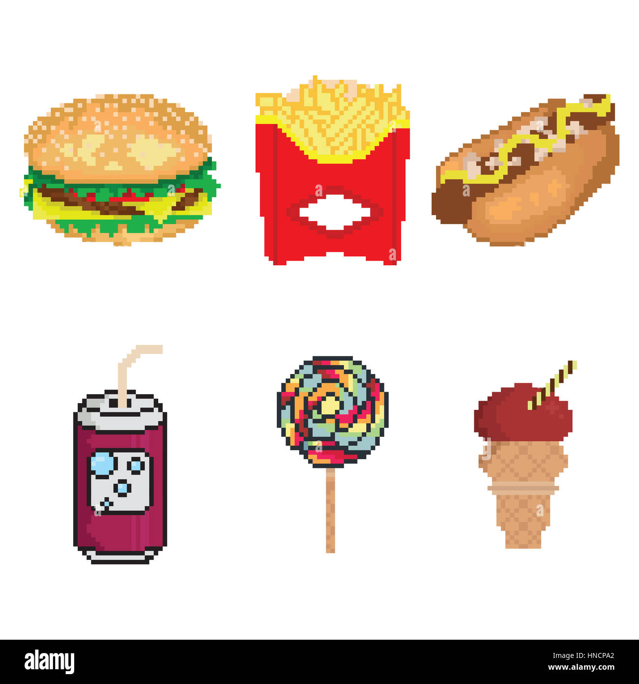 Pixel junk food icona impostare Foto Stock