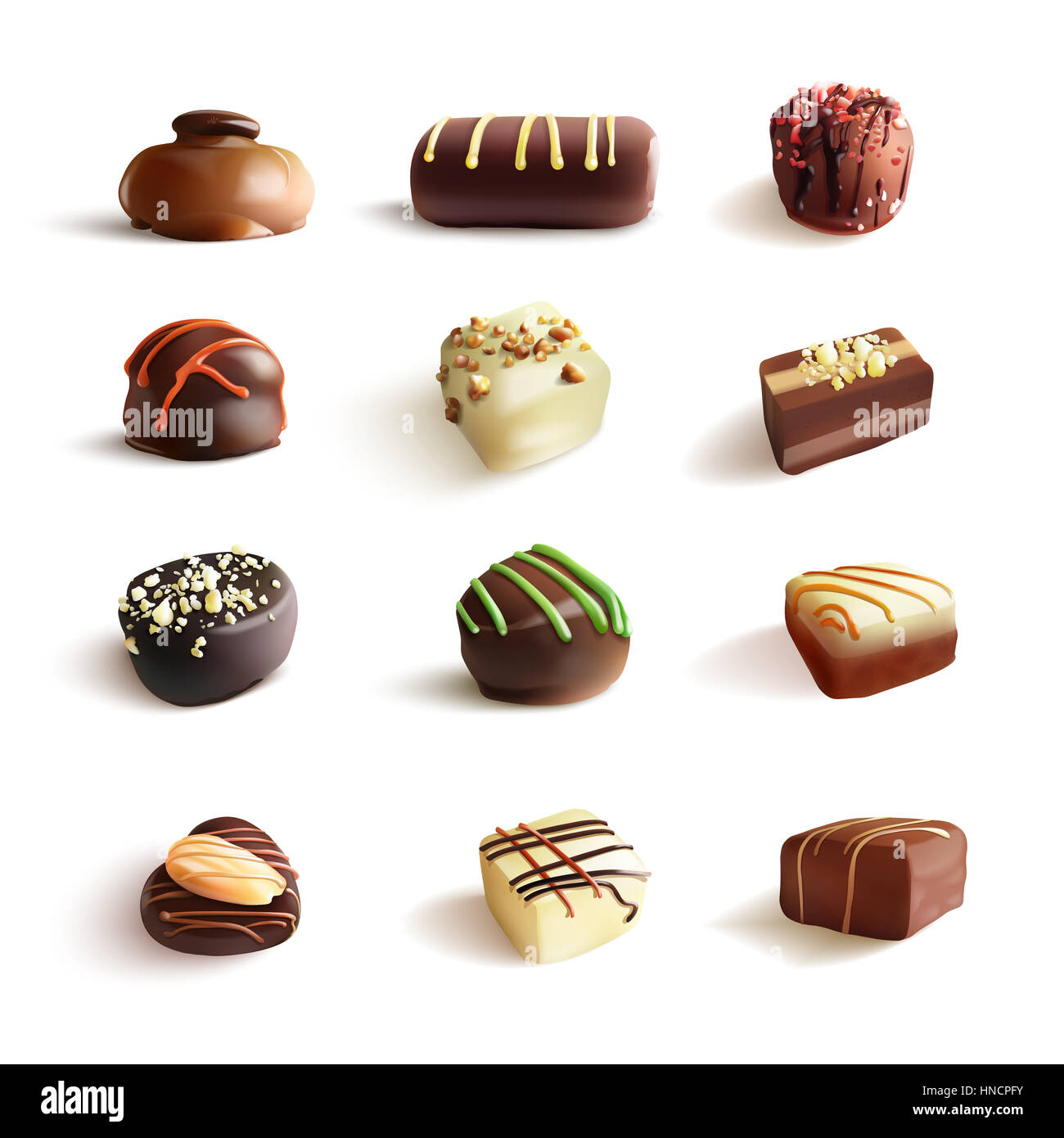 Cioccolatini Grande Set. Vettore illustrazione realistica. Isolato su bianco Foto Stock