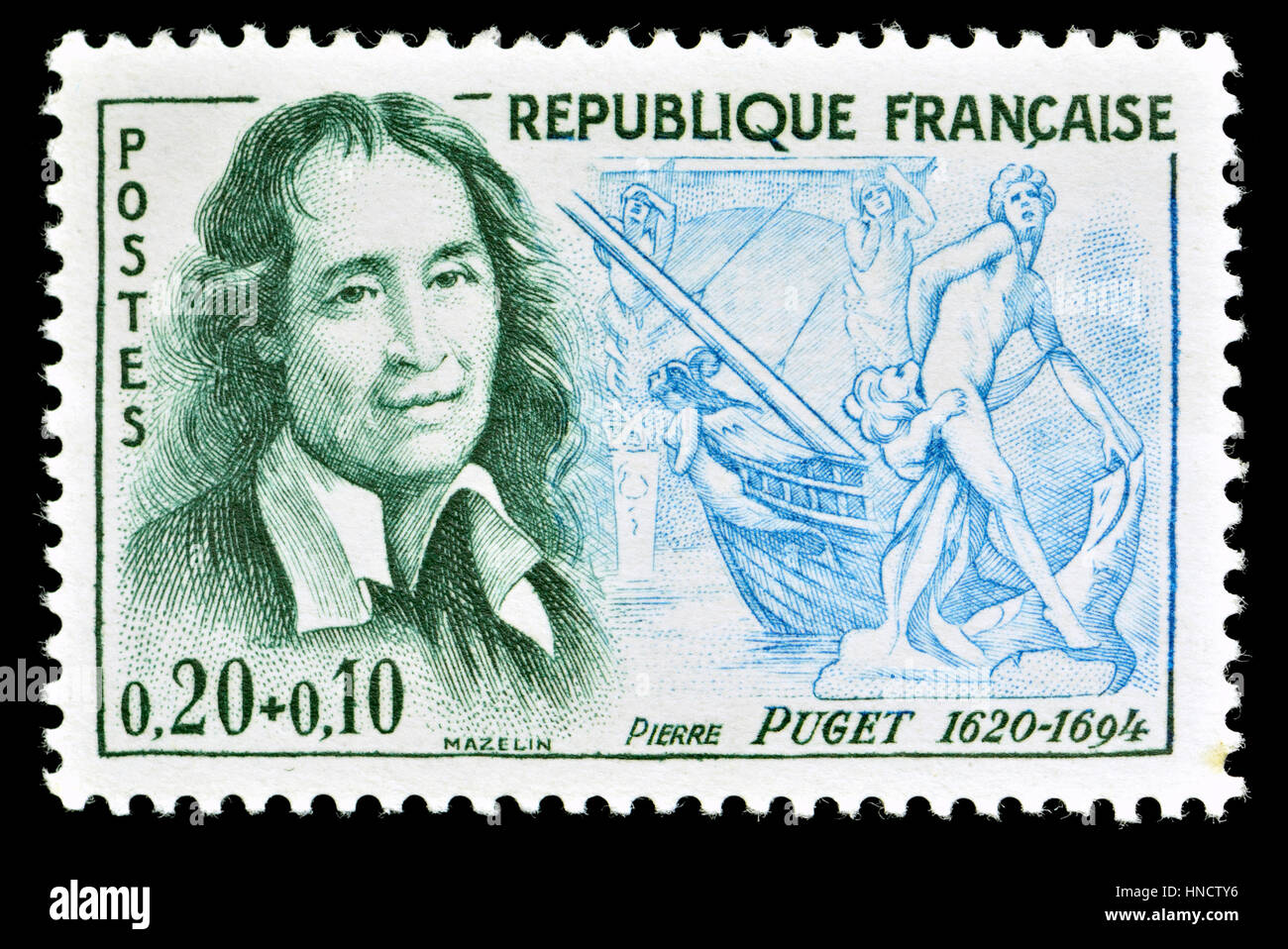 Il francese francobollo (1961): Pierre Puget (1620 - 1694) francese pittore, scultore, architetto e ingegnere. 20c con supplemento in aiuto della Croce Rossa di fondo Foto Stock