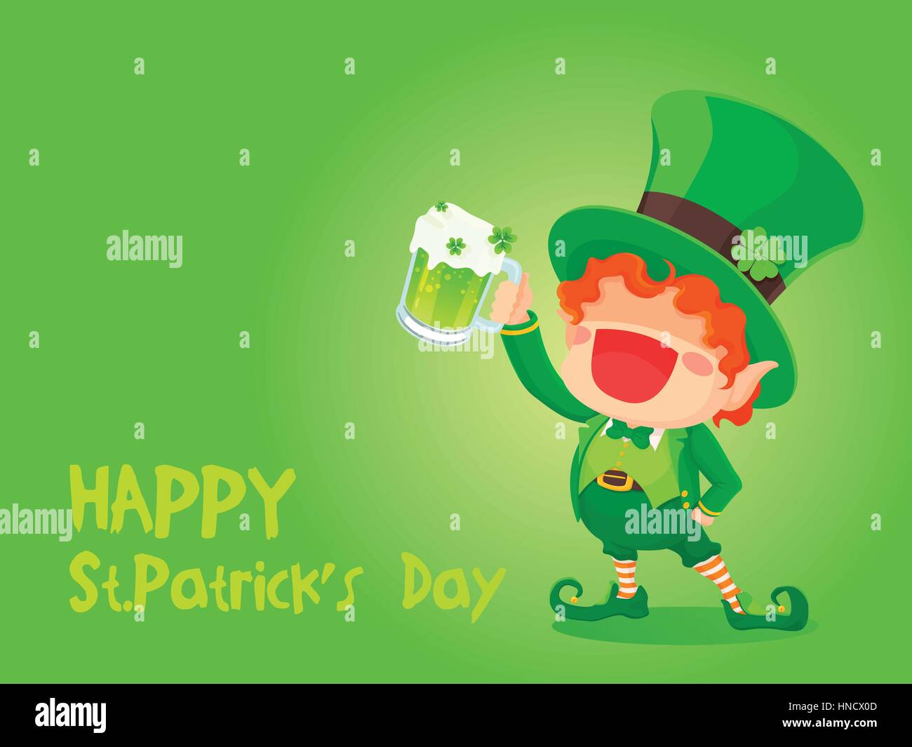 Illustrazione Vettoriale di il giorno di San Patrizio Leprechaun felice con la tazza di birra Verde per il biglietto di auguri. Illustrazione Vettoriale