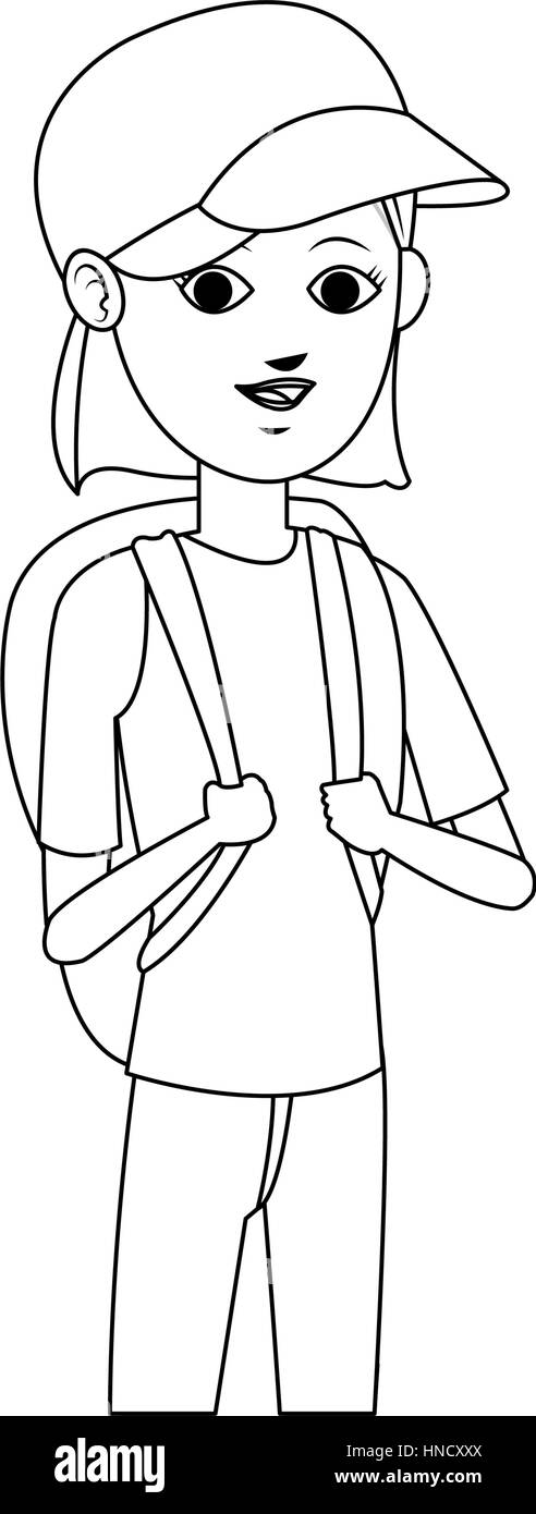 Donna con zaino su sfondo bianco. persone che viaggiano design. illustrazione vettoriale Illustrazione Vettoriale