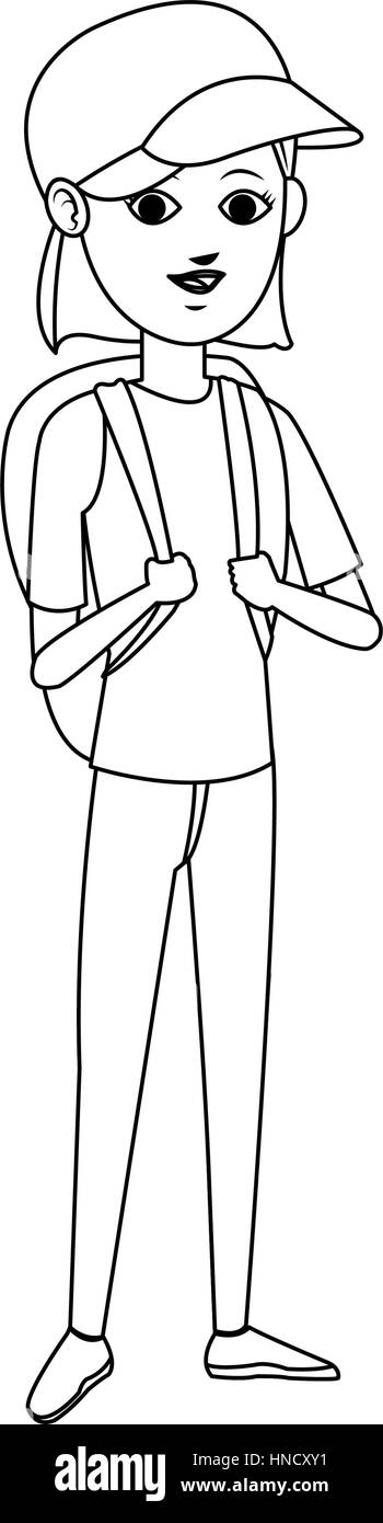 Donna con zaino su sfondo bianco. persone che viaggiano design. illustrazione vettoriale Illustrazione Vettoriale