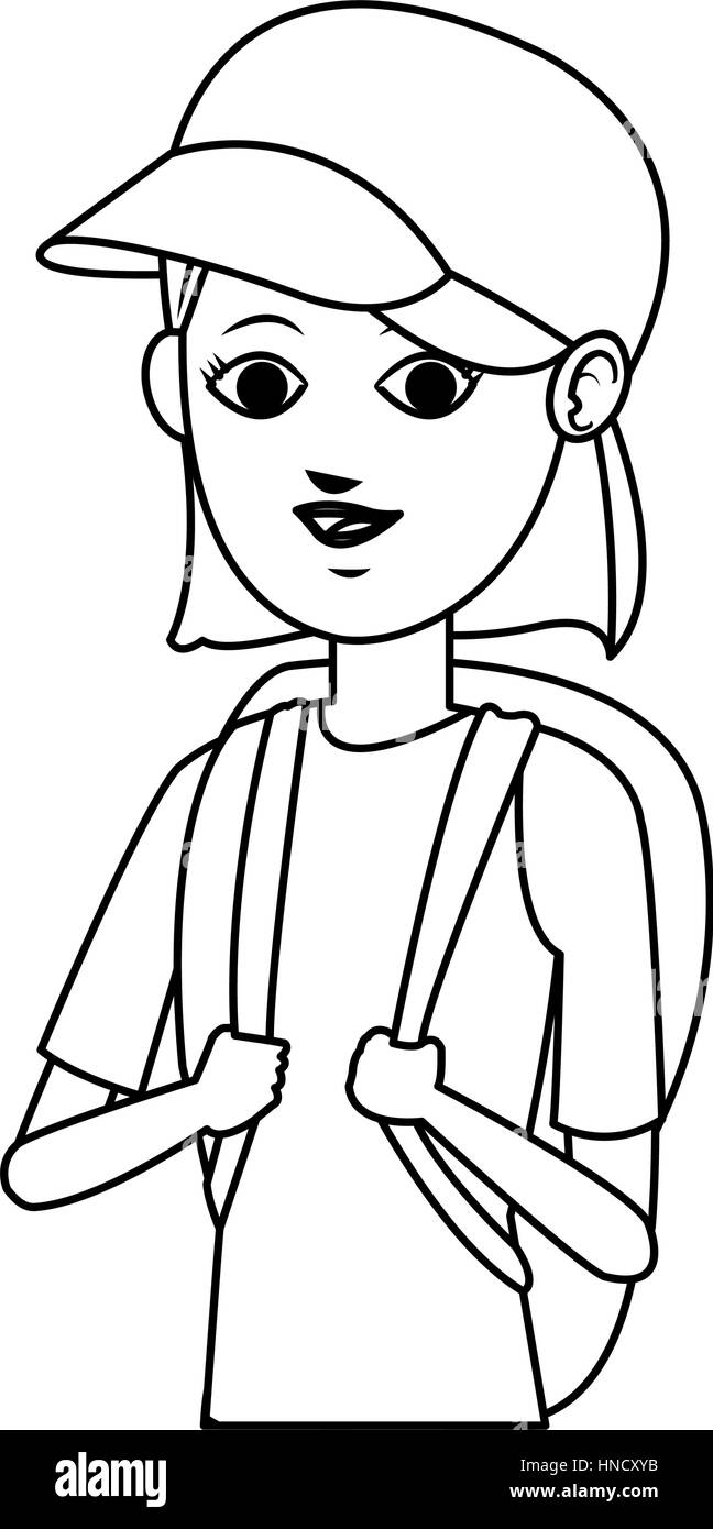 Donna con zaino su sfondo bianco. persone che viaggiano design. illustrazione vettoriale Illustrazione Vettoriale