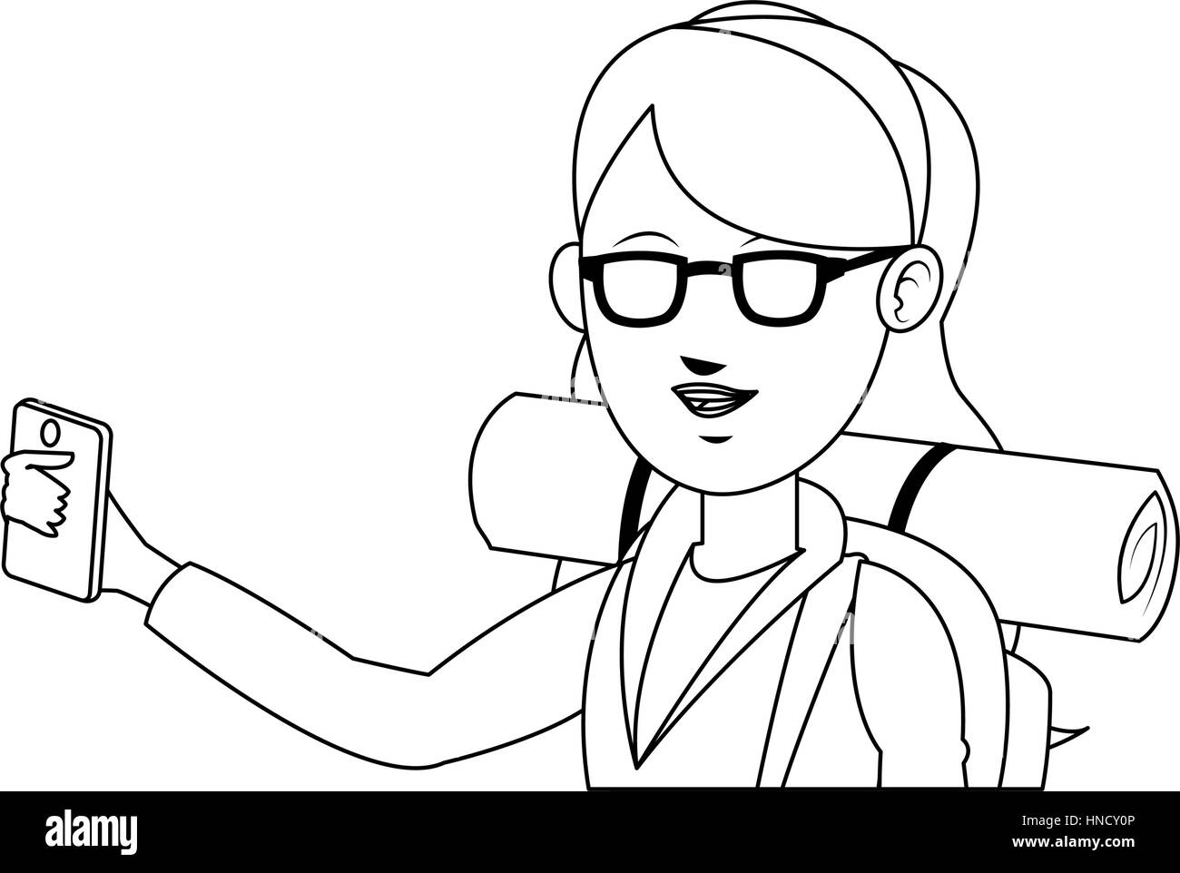 Donna con zaino su sfondo bianco. persone che viaggiano design. illustrazione vettoriale Illustrazione Vettoriale