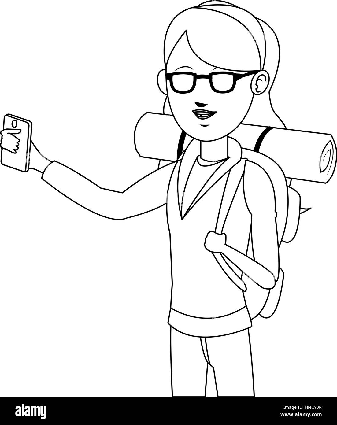 Donna con zaino su sfondo bianco. persone che viaggiano design. illustrazione vettoriale Illustrazione Vettoriale