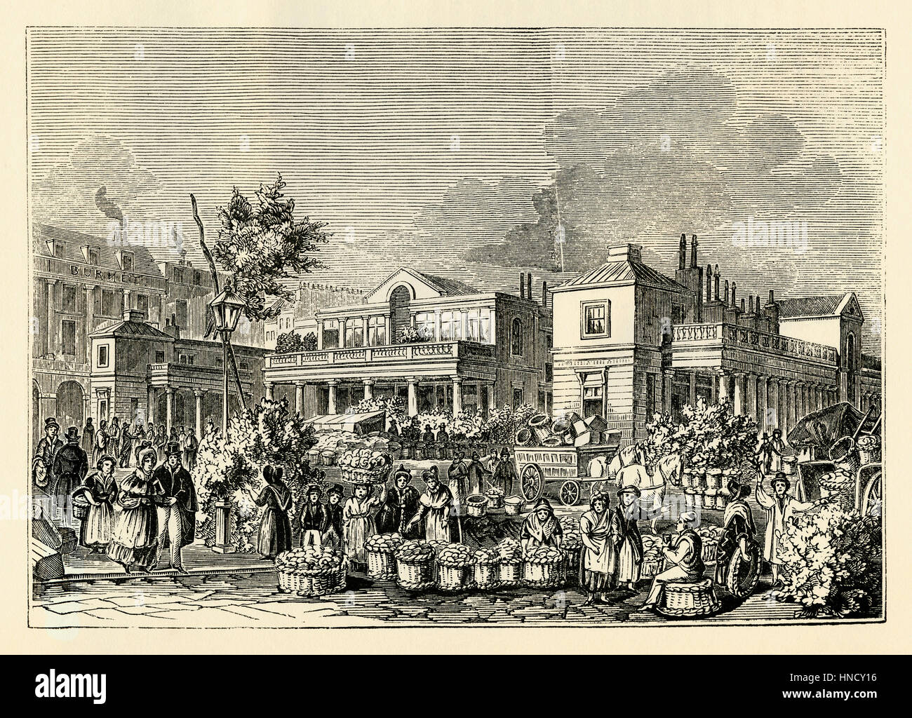 La frutta e verdura nella piazza centrale di Covent Garden, Londra - una vecchia incisione c. 1840 Foto Stock