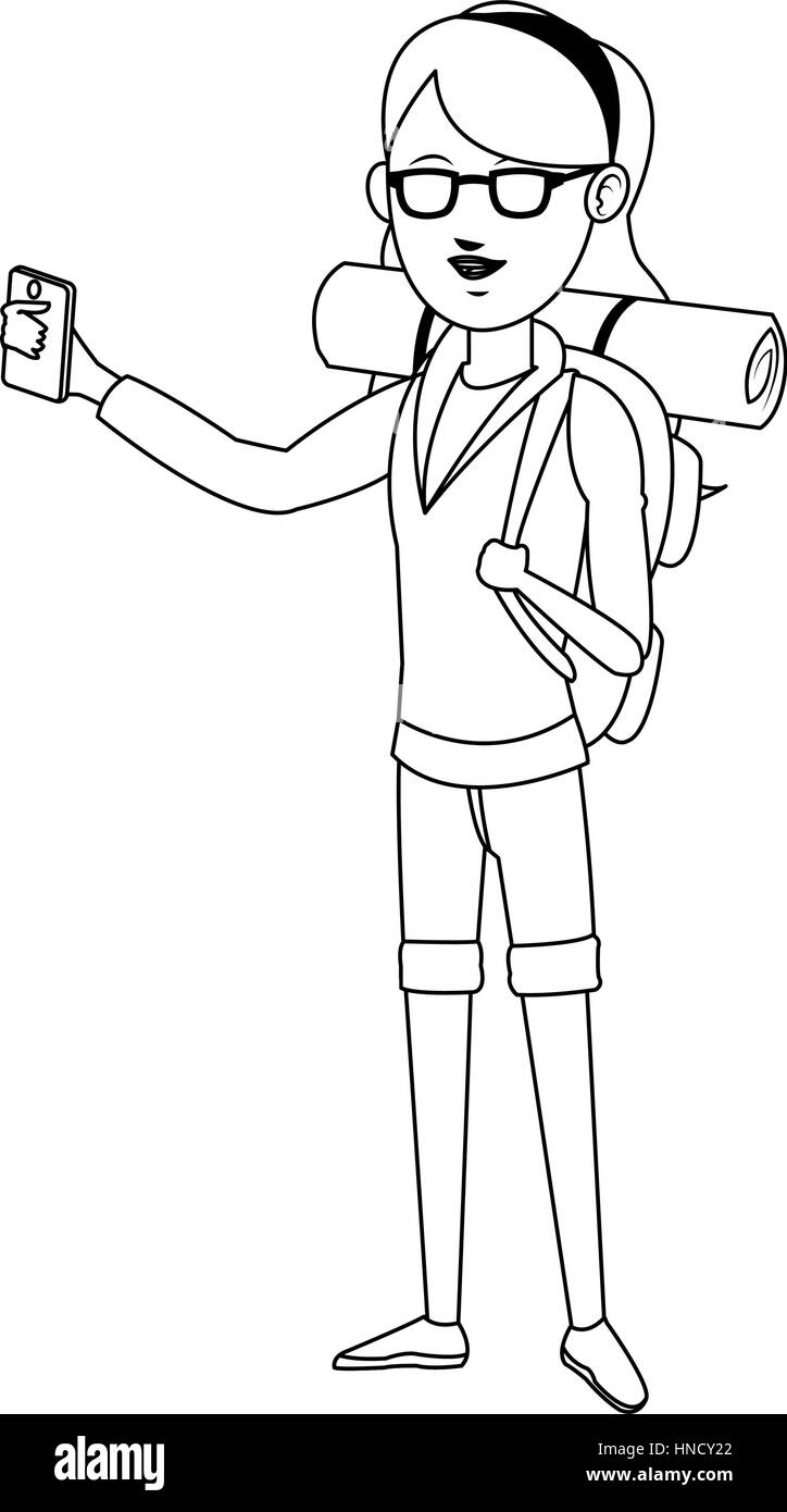 Donna con zaino su sfondo bianco. persone che viaggiano design. illustrazione vettoriale Illustrazione Vettoriale