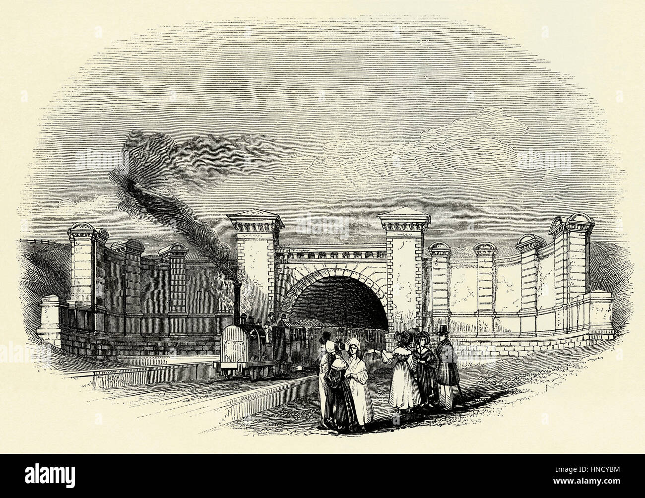 L'originale portale ad est di Primrose Hill Tunnel ferroviario, Londra - una vecchia incisione c. 1840 Foto Stock