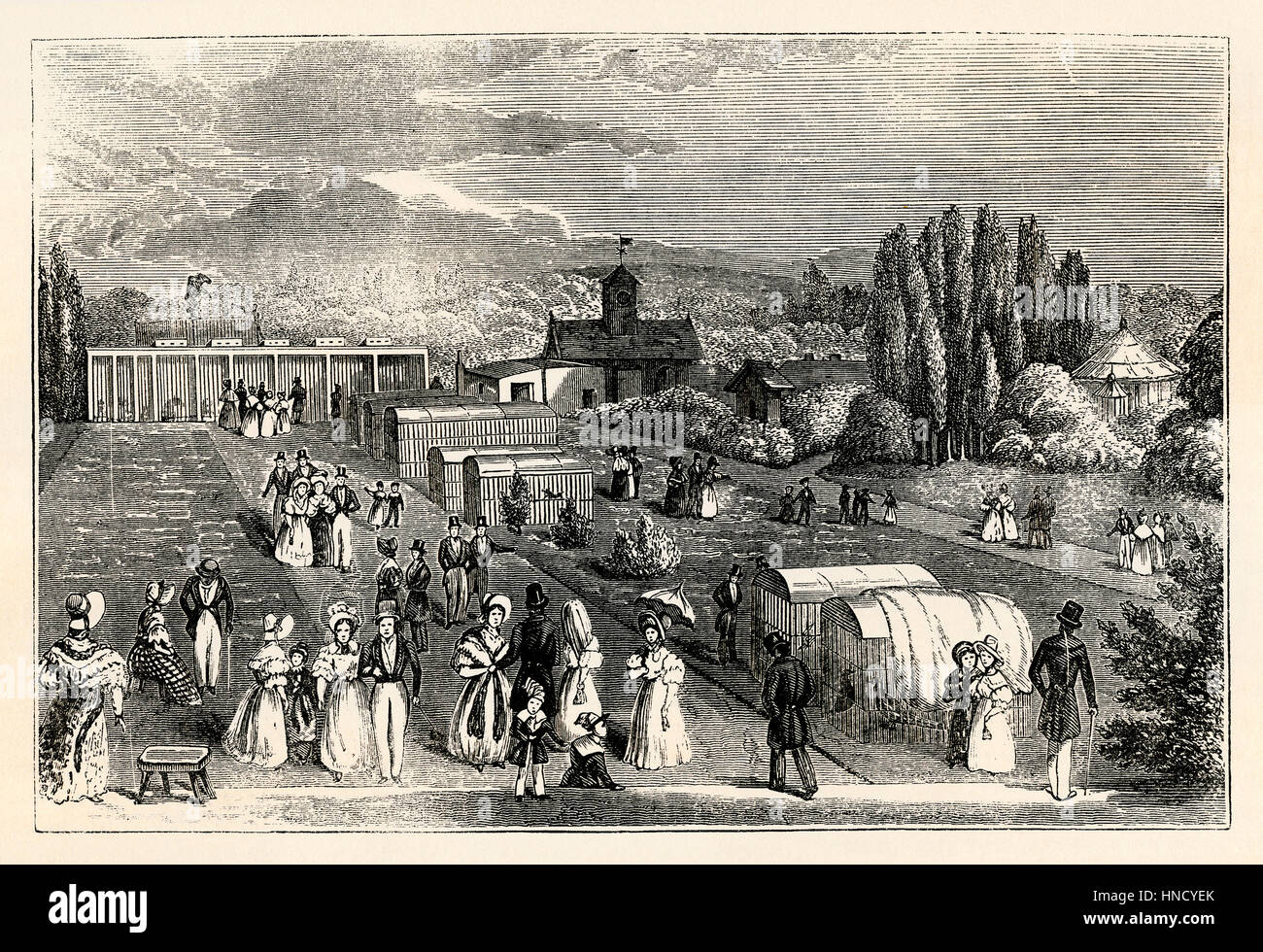 I giardini zoologici, Regents Park, Londra – un'antica incisione c.. 1830. Foto Stock