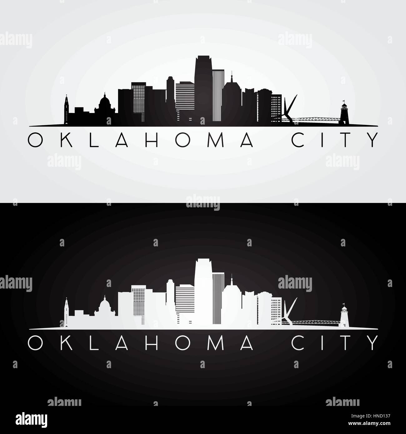 Oklahoma City USA skyline e punti di riferimento silhouette, design in bianco e nero, illustrazione vettoriale. Illustrazione Vettoriale