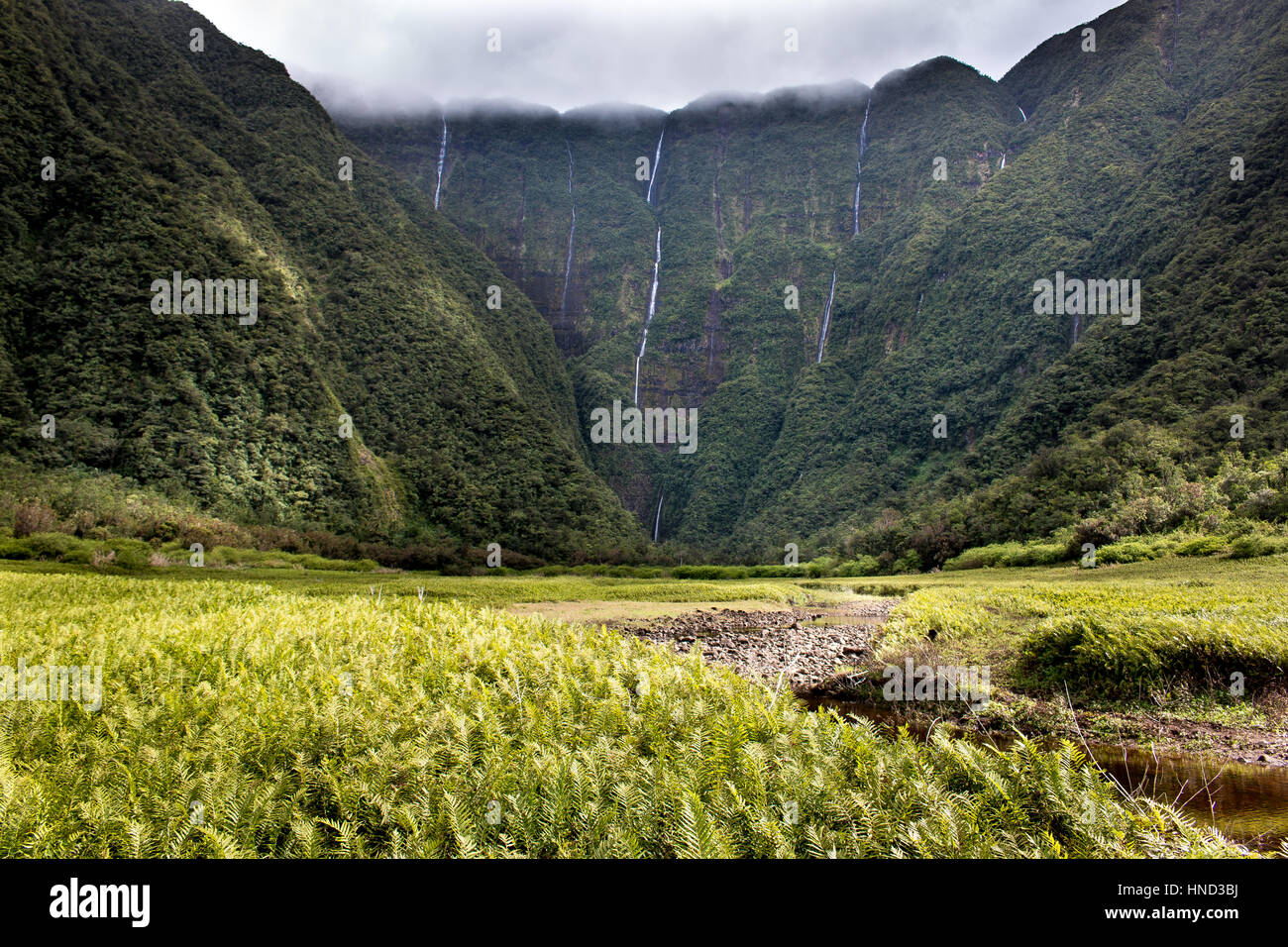 La Reunion Island le grand etang valley con cascate e montagne lussureggianti tropicali prato verde paesaggio di nuvole Foto Stock