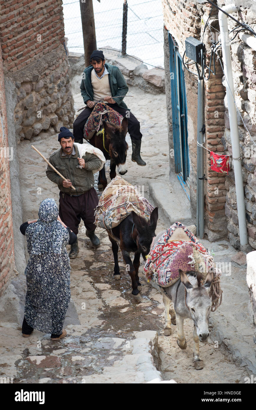 Uomini azero con asini sulle strette stradine del borgo antico di Kandovan, Est Provincia Azerbaijian, Iran Foto Stock