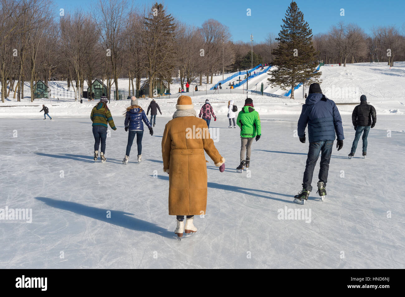 Montreal, CA - 31 Gennaio 2017: persone pattinaggio sul Lago Beaver di pista di pattinaggio su Mount-Royal Foto Stock