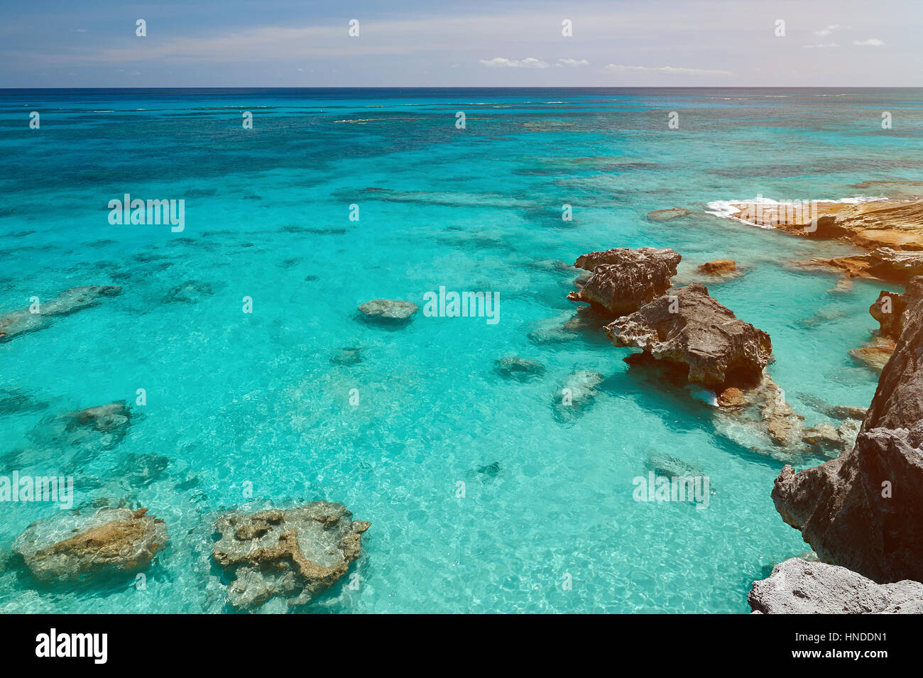 Blu chiaro in acqua costa Bermuda Isola. Spiaggia con acqua cristallina con rocce Foto Stock