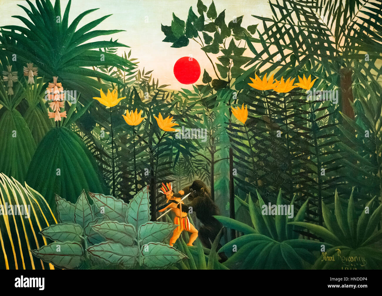 Henri Rousseau pittura. 'Paesaggio tropicale: American Indian lottando con un gorilla di' da Henri Rousseau (1844-1910), olio su tela, 1910 Foto Stock