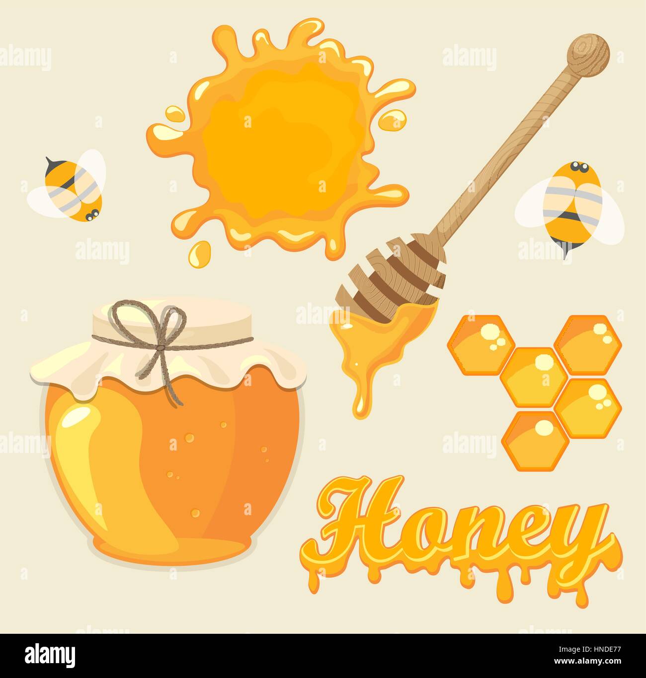 Illustrazione Vettoriale set di barattoli di miele, honeycomb, scritte e le api. Naturale di produzione di generi alimentari sani. Illustrazione Vettoriale