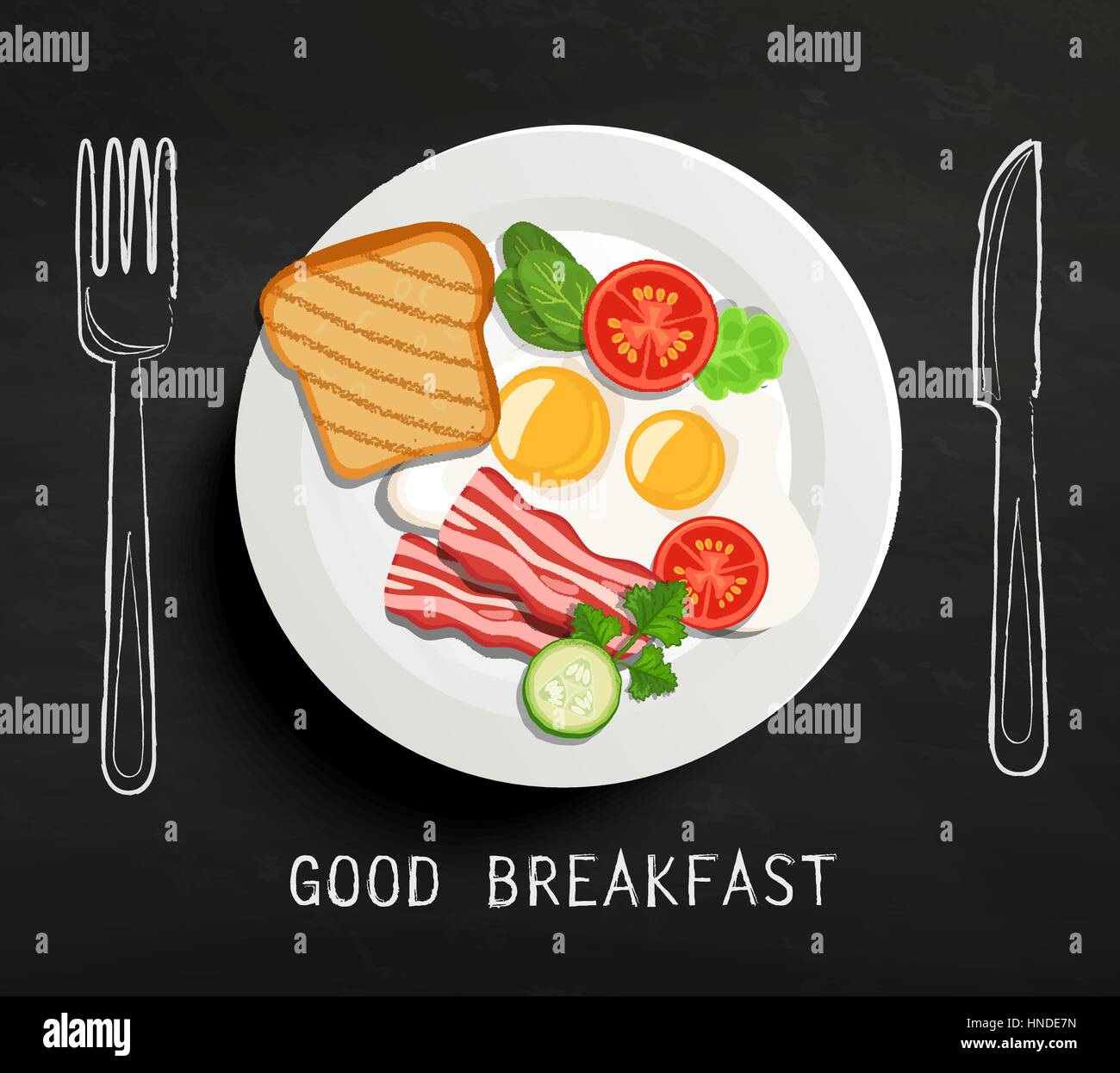 Buona colazione lettering , coltello e forchetta sulla lavagna a trama dello sfondo. Un piatto di uova e pancetta e verdure. Il design del vettore per il menu della prima colazione. Illustrazione Vettoriale