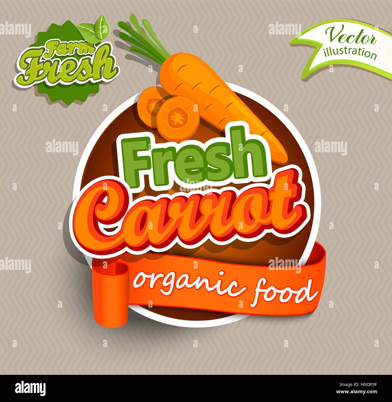 Nuovo logo di carota caratteri tipografici etichetta alimentare o un adesivo. Concetto per il mercato degli agricoltori, cibo organico, prodotto naturale design.illustrazione vettoriale. Illustrazione Vettoriale