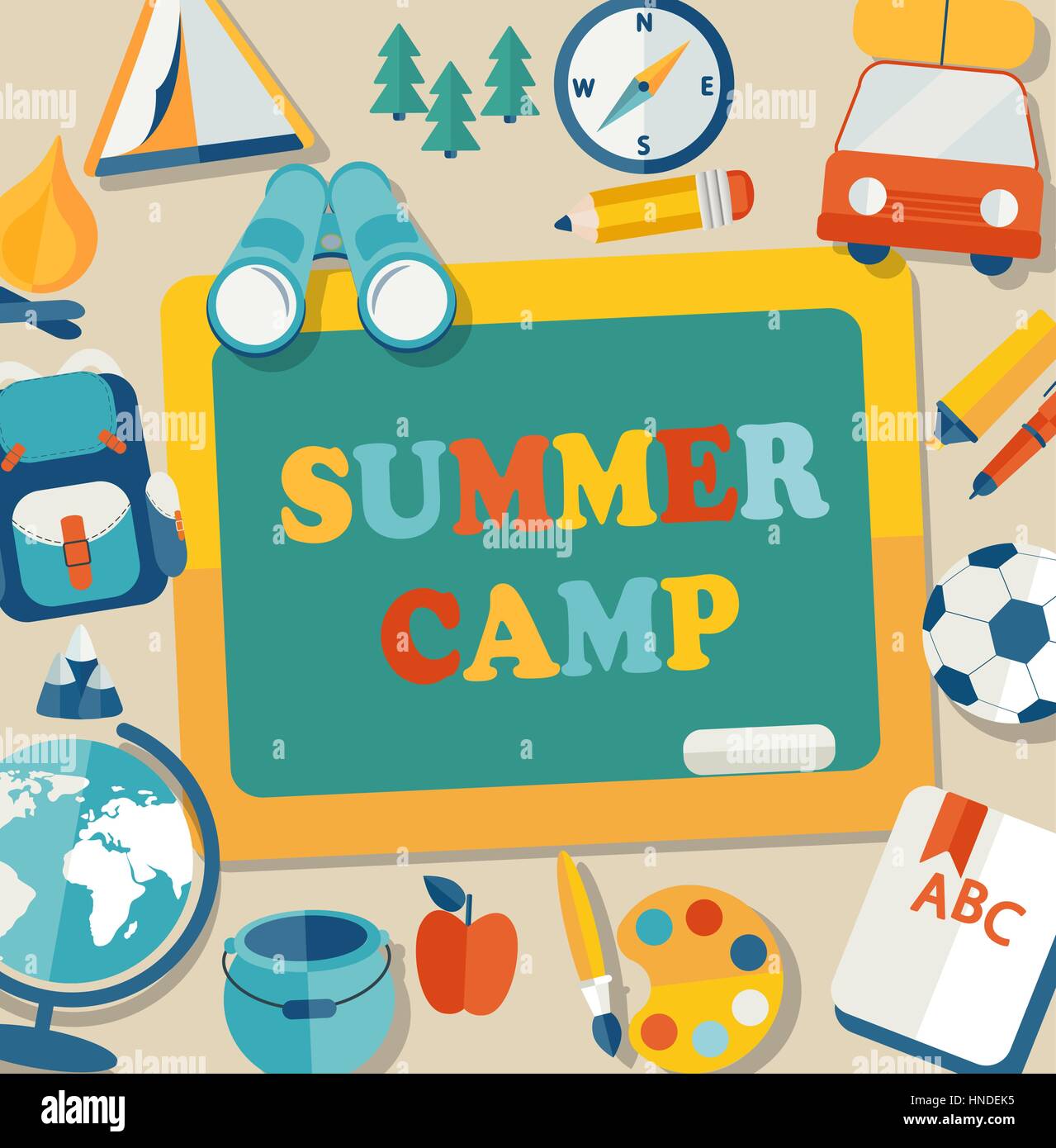 Estate Vacanze e viaggi a tema Camp Estivi poster in stile appartamento, illustrazione vettoriale. Illustrazione Vettoriale