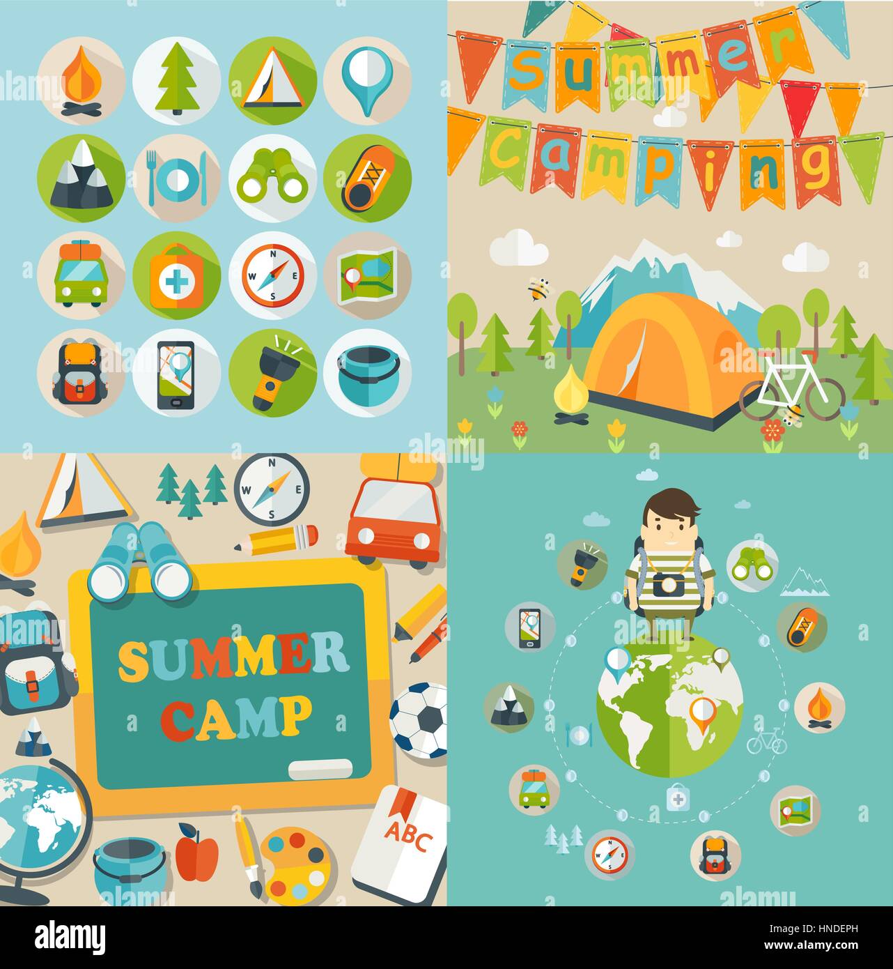 Estate Vacanze e viaggi a tema Camp Estivi posters e icone in stile appartamento, illustrazione vettoriale. Illustrazione Vettoriale