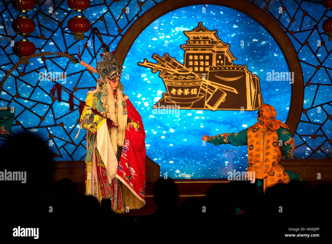 Pekin opera visualizza. Laoshe tea house. Nº3 Qianmen Avenue West,Beijing, Cina Foto Stock