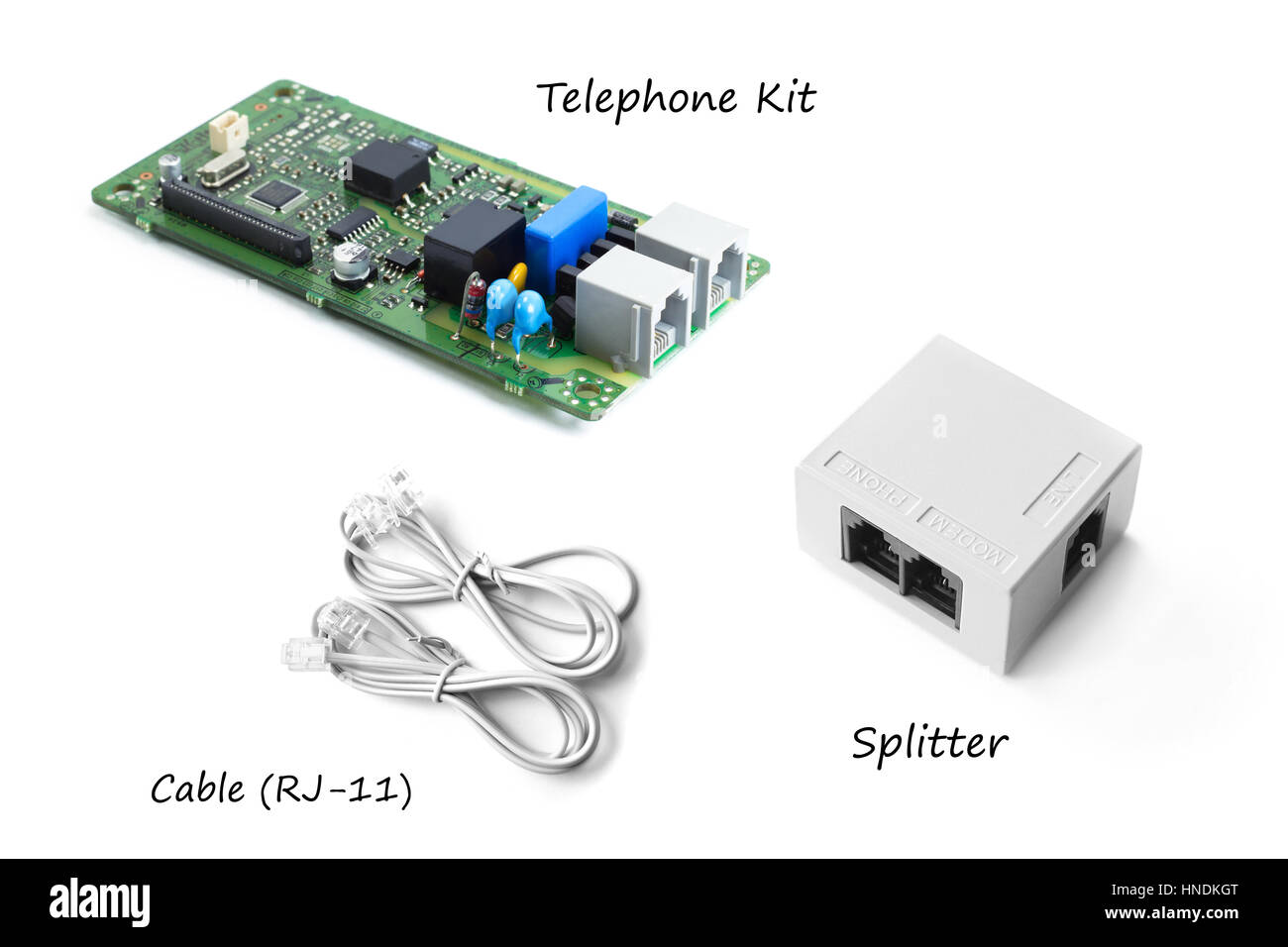 Kit di telefono o di fax kit con splitter e cavo telefonico (RJ-11) Foto Stock