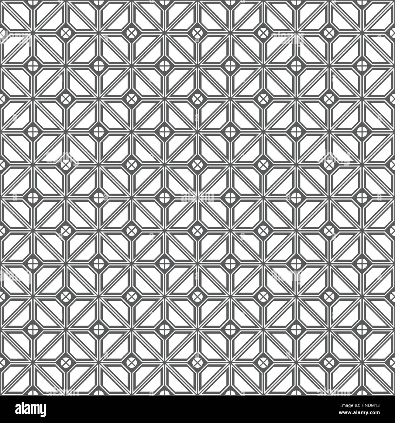 Modello senza giunture. Elegante texture. Piastrella con figure geometriche ripetitive. Quadrato, trapezoidale, rombo, striscia, cerchi, punti. Monocromatico. Sullo sfondo. Web. Illustrazione Vettoriale