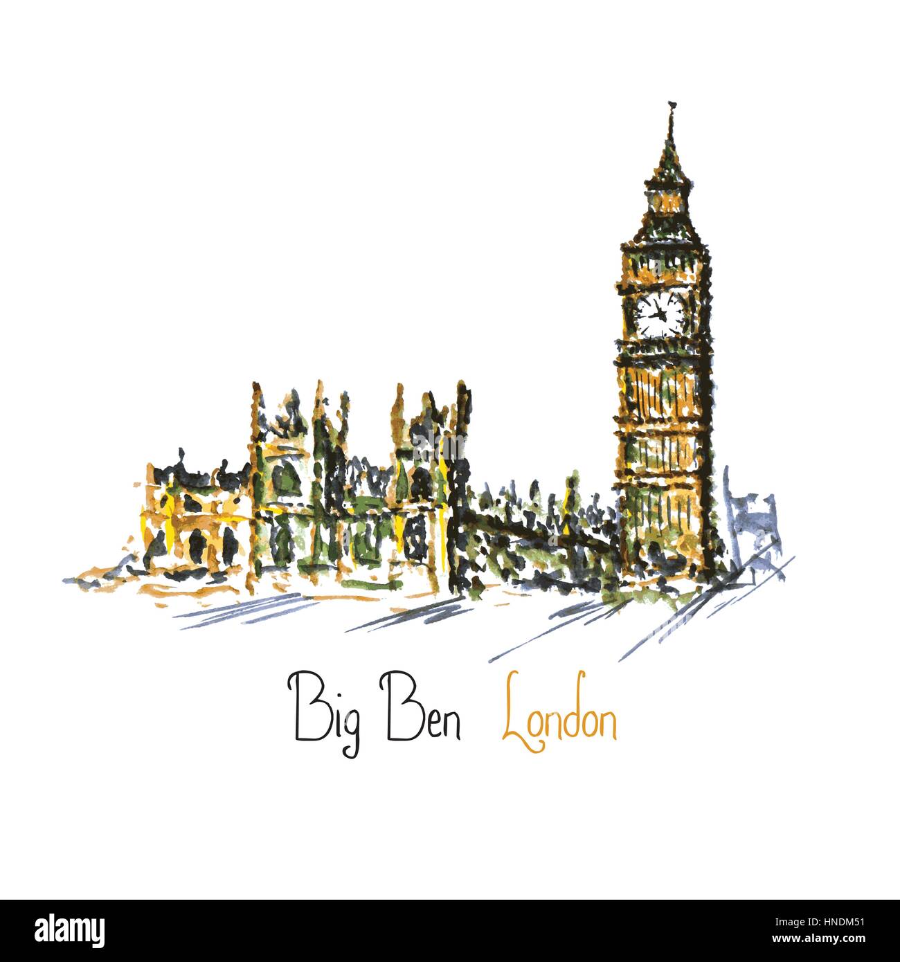 Acquerello torre dell Orologio Big Ben Palazzo di Westminster, Londra Inghilterra REGNO UNITO Illustrazione Vettoriale