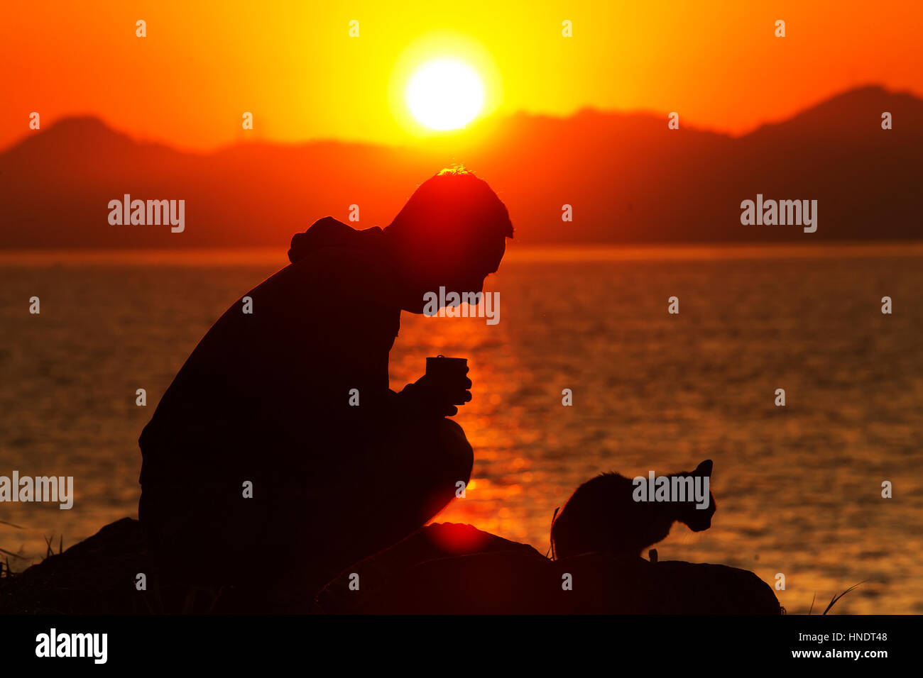 L'uomo con il suo gatto di casa a Botafogo Bay presso sunrise, Rio de Janeiro, Brasile Foto Stock