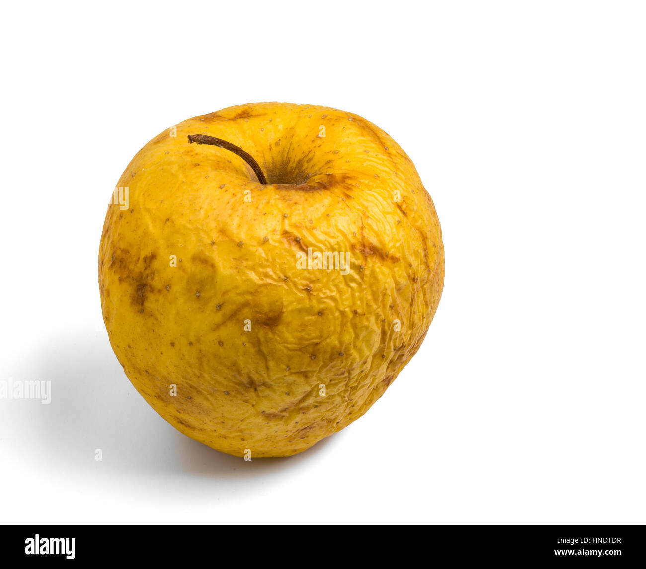 Uno giallo mela marcia isolata su uno sfondo bianco Foto Stock