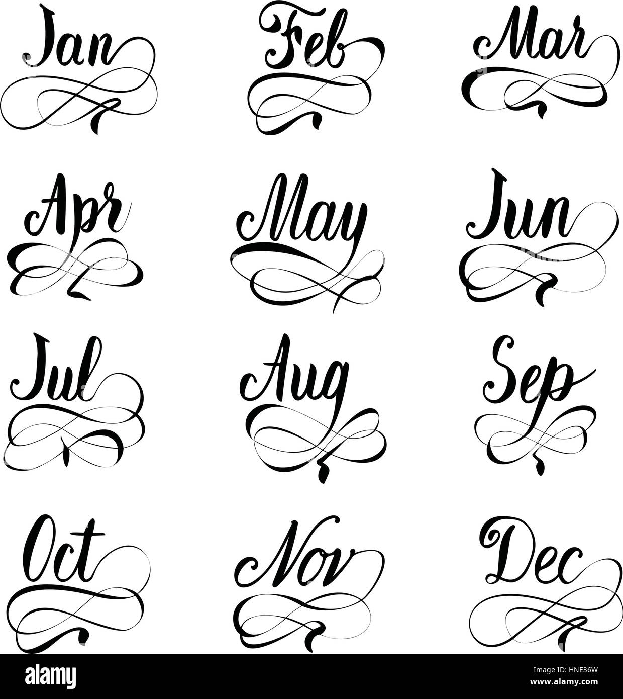 Unico artigianale mesi scritto in calligrafia con swashes per calendari fatti a mano e diari Illustrazione Vettoriale