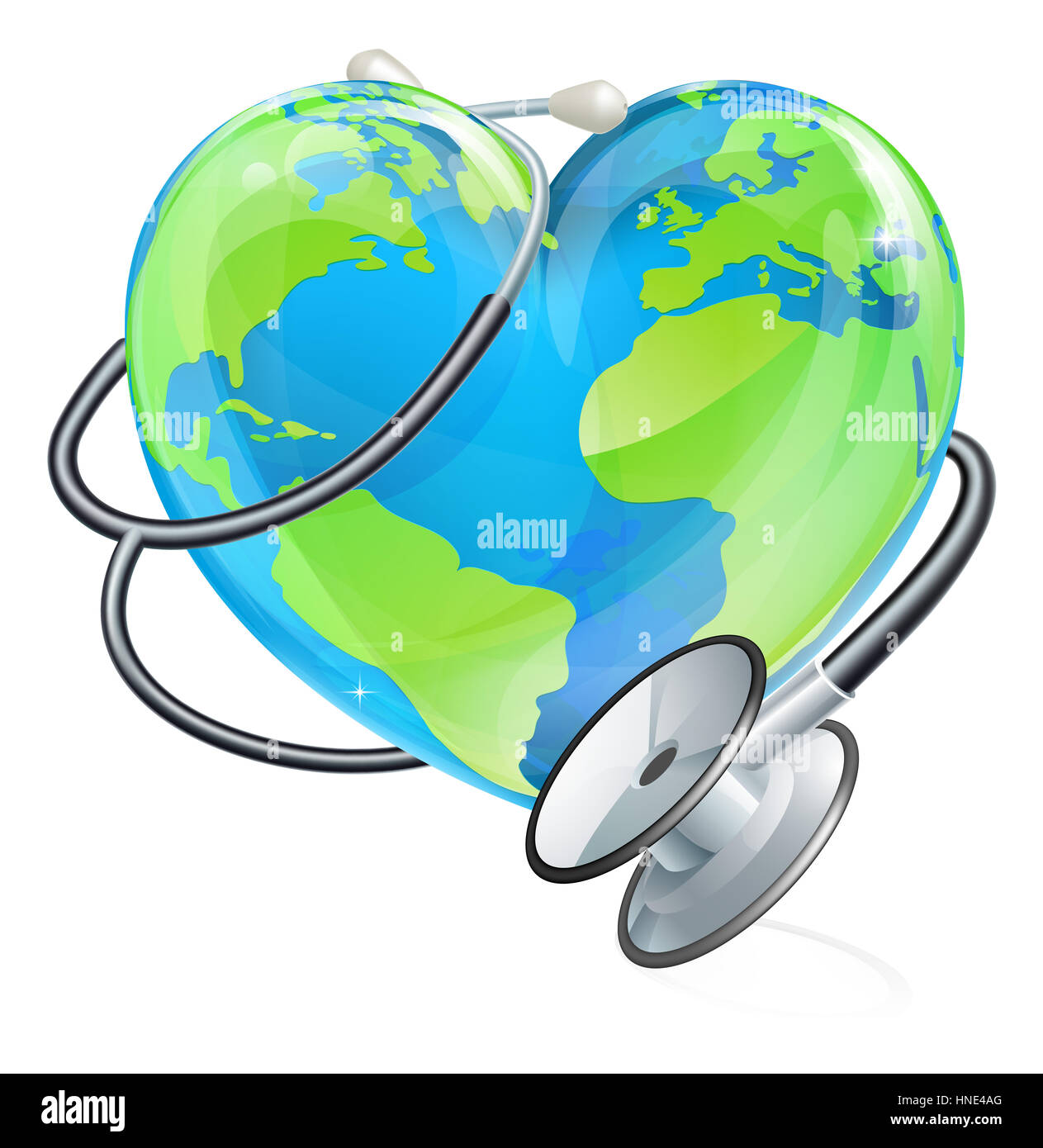 Illustrazione concettuale di una terra cuore Globo mondo con uno stetoscopio avvolto intorno ad esso. Foto Stock