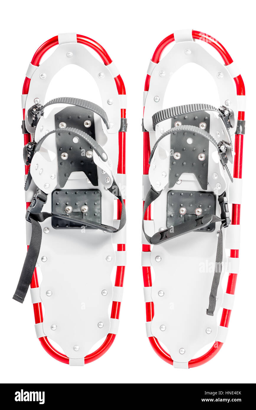 Coppia di racchette da neve per passeggiate invernali sullo sfondo bianco isolato Foto Stock