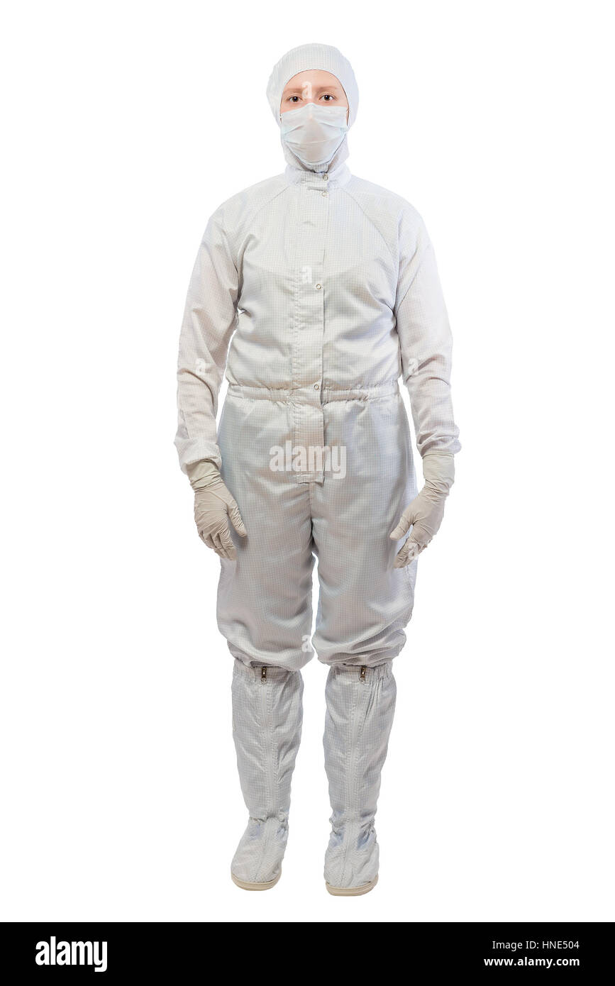 Il farmacista in un bianco tuta protettiva in pieno lunghezza isolato Foto Stock