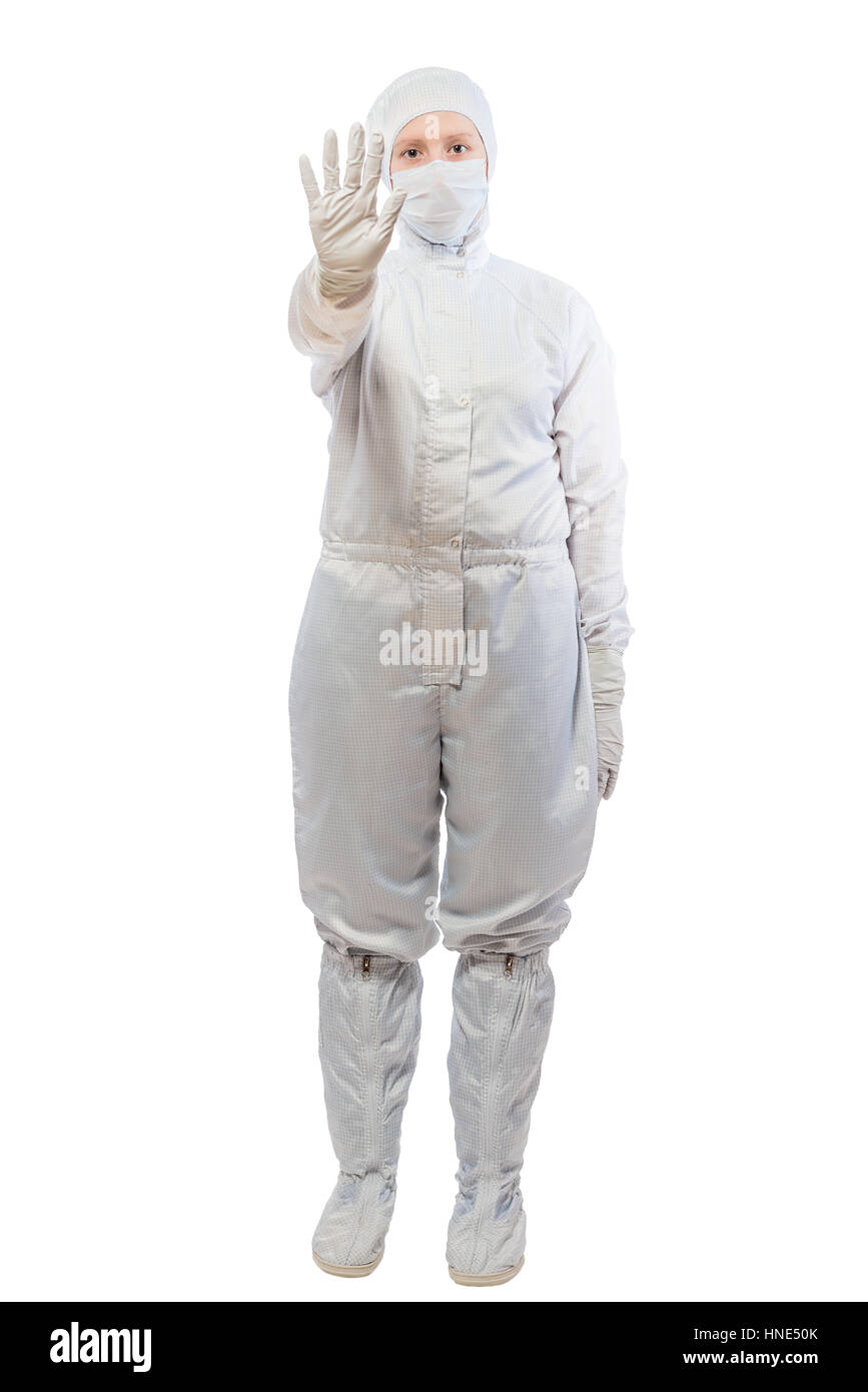 Farmacia donna in un vestito che mostra gesto STOP Foto Stock