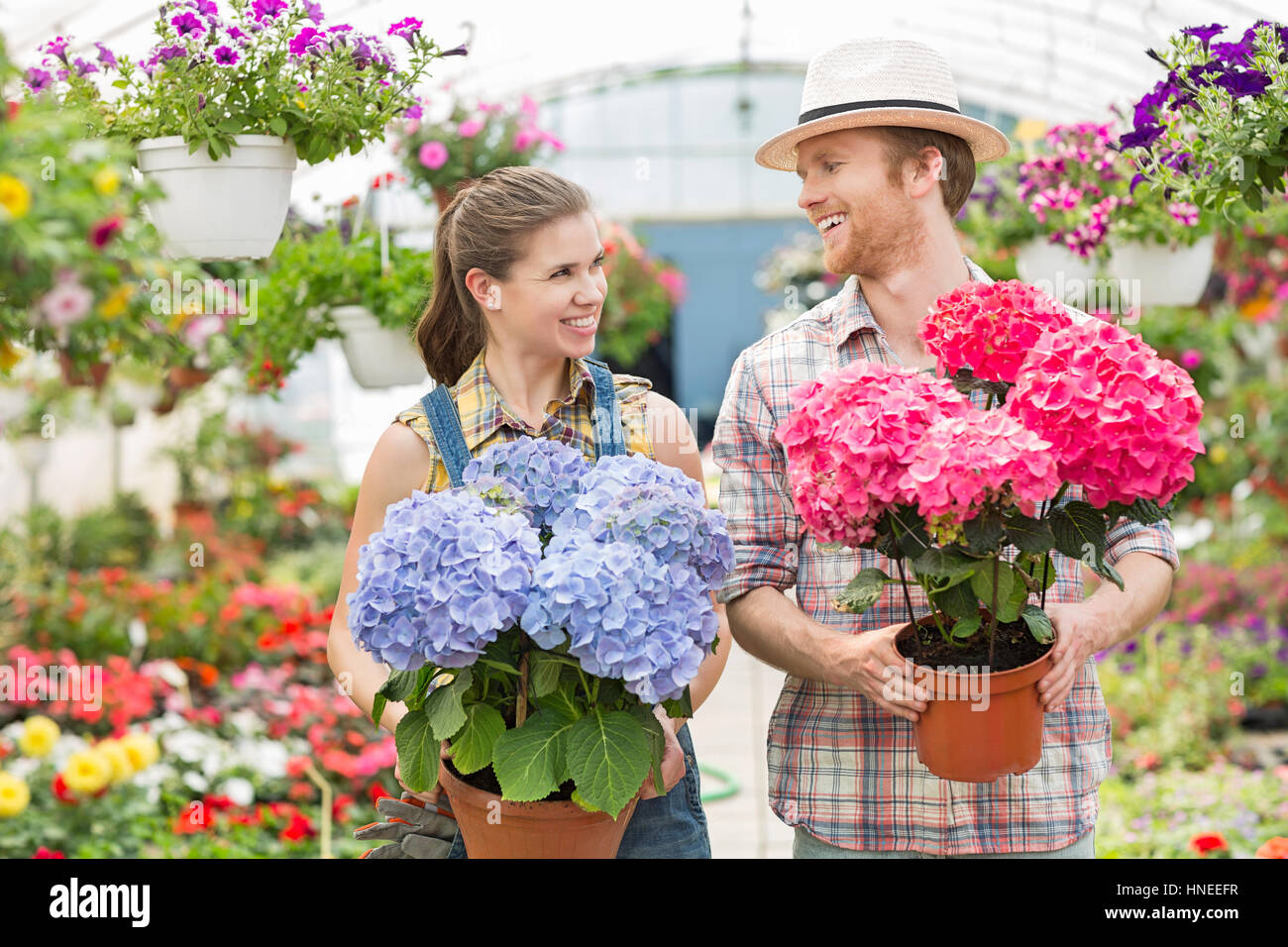 Giardinieri felici guardando ogni altro tenendo vasi da fiori in serra Foto Stock