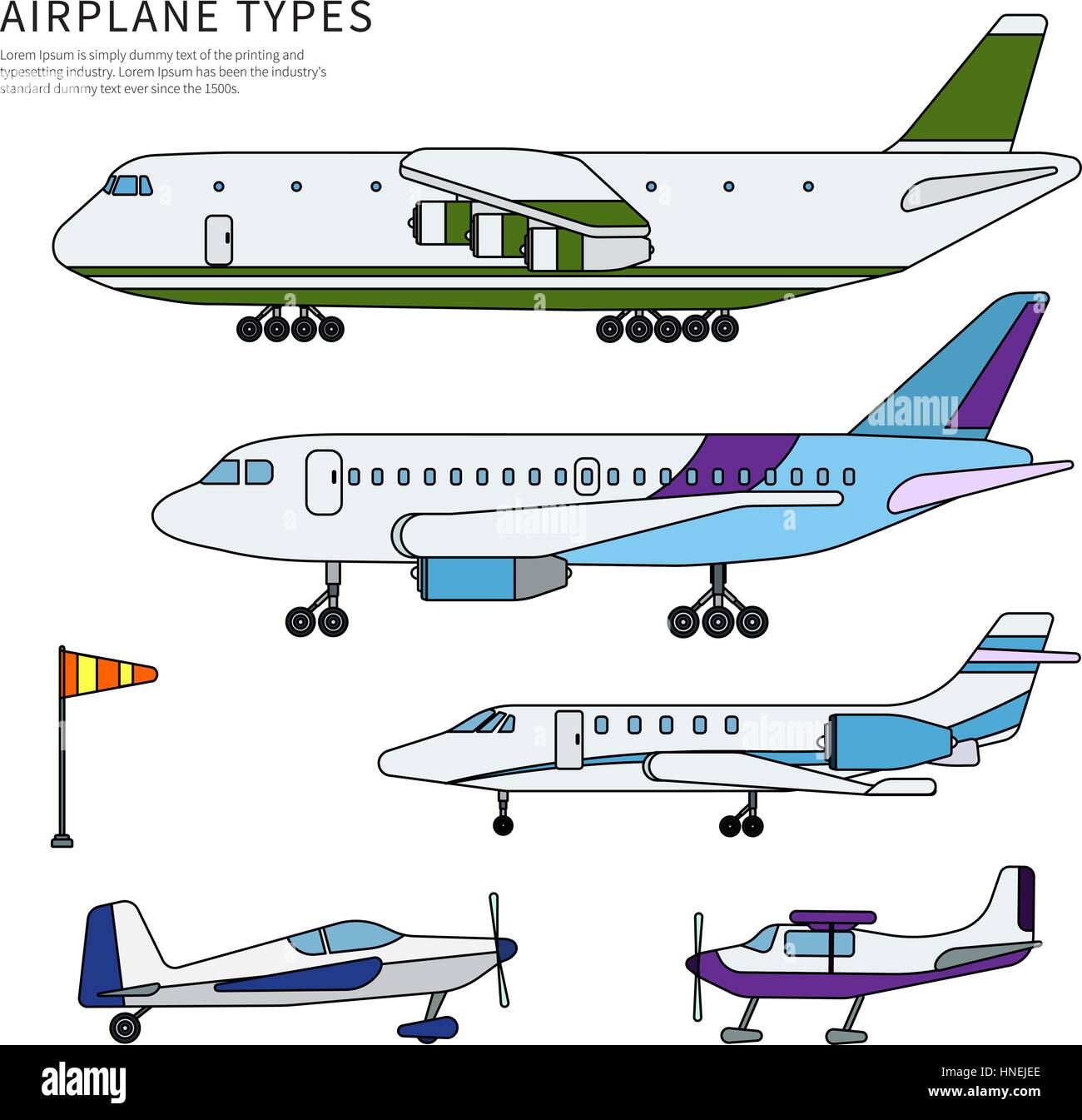 Linea sottile design piatto di aeroplani. Diversi aerei moderni. Le icone per le compagnie aeree di banner. Diversi tipi di velivoli moderni isolati su whi Illustrazione Vettoriale